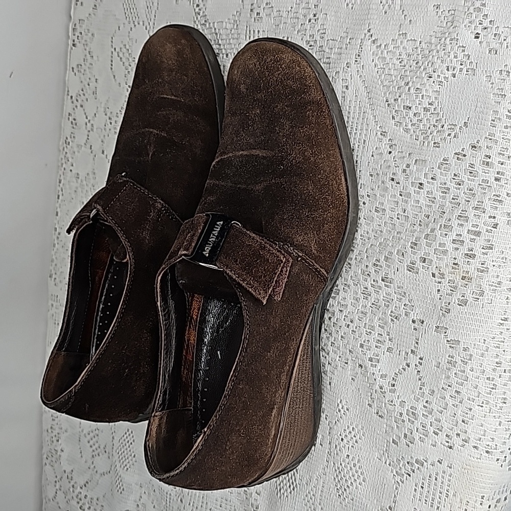 Aquatalia suede leather brown slip on mini wedge loafers sz 7 - Picture 2 of 9